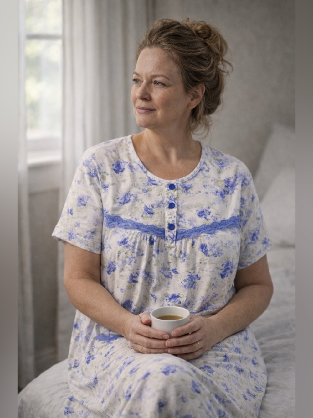 Floral Nightgown Blue Lace Trim Button Front Cottagecore Sleep Dress L